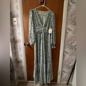 Light Blue Floral Maxi Dress with V-Neck